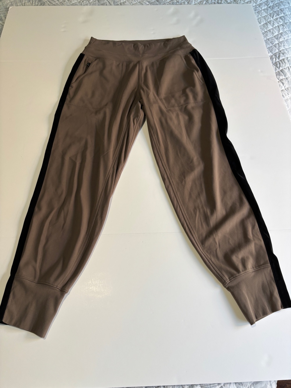 Athleta Venice Velvet Stripe Jogger Taupe Brown Black Side Stripe - Small